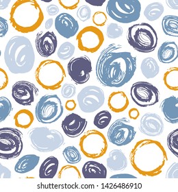 Decorative seamless pattern with round paint stains, smears or smudges on white background. Artistic backdrop with circular brush strokes, daub or scribble. Creative vector illustration for wallpaper.