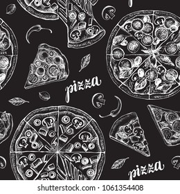 Decorative seamless pattern with round pizza and pieces of pizza. Italian cuisine. Ink hand drawn Vector illustration. Composition of food elements for menu design.