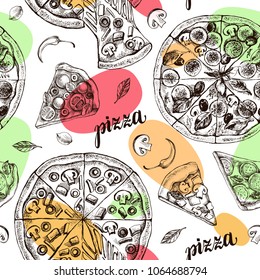 Decorative seamless pattern with round pizza and pieces of pizza. Italian cuisine. Ink hand drawn Vector illustration. Composition of food elements for menu design.