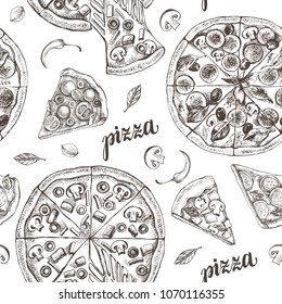 Decorative seamless pattern with round pizza and pieces of pizza. Italian cuisine. Ink hand drawn Vector illustration. Composition of food elements for menu design.