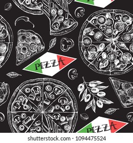 Decorative seamless pattern with round pizza and pieces of pizza. Italian cuisine. Ink hand drawn Vector illustration. Composition of food elements for menu design.