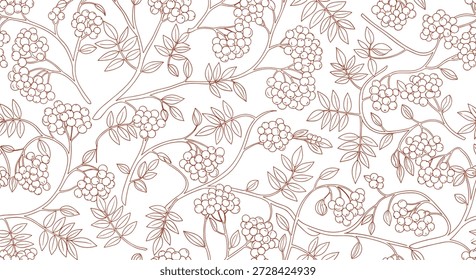 Patrón decorativo sin fisuras de ramas de baya de serbal con racimos de frutas y hojas detalladas en elegante arte de línea marrón.