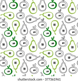 Decorative seamless pattern in scandinavian style. Green background texture with apples and pears.