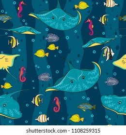 Decorative seamless pattern with sea fish on blue background.