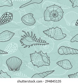 Decorative seamless pattern of sea shells. Vector background
