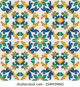 Decorative seamless pattern with sicilian ornament. Colorful ceramic tiles in floral traditional style of Palermo. Vector endless texture for digital paper, fabric, backdrop or wrapping