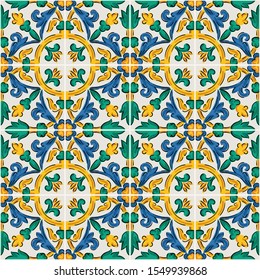 Decorative seamless pattern with sicilian ornament. Colorful ceramic tiles in floral traditional style of Palermo. Vector endless texture for digital paper, fabric, backdrop or wrapping