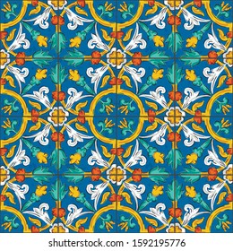 Decorative seamless pattern with sicilian ornament. Colorful ceramic tiles in floral traditional style of Palermo. Vector endless texture for digital paper, fabric, backdrop or wrapping