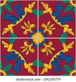Decorative seamless pattern with sicilian ornament. Colorful ceramic tiles in floral traditional style of Palermo. Vector endless texture for digital paper, fabric, backdrop or wrapping