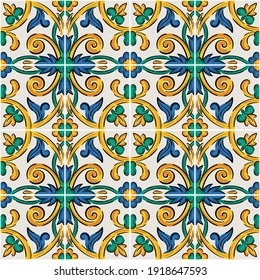 Decorative seamless pattern with sicilian ornament. Colorful ceramic tiles in floral traditional style of Palermo. Vector endless texture for digital paper, fabric, backdrop or wrapping