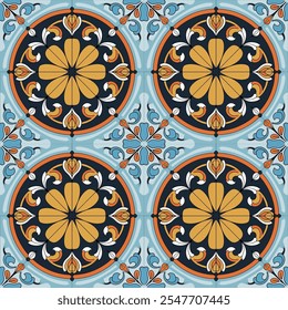 Decorative seamless pattern with sicilian ornament. Colorful ceramic tiles in floral traditional style of Palermo. Vector endless texture for digital paper, fabric, backdrop or wrapping
