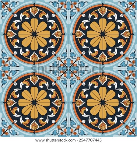 Decorative seamless pattern with sicilian ornament. Colorful ceramic tiles in floral traditional style of Palermo. Vector endless texture for digital paper, fabric, backdrop or wrapping
