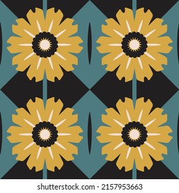 Decorative seamless pattern with a simple floral design. Geometric gerbera bud, white flower on a background of rhombuses. Botanical surface in retro style. Vector illustration.