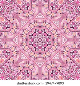 Decorative seamless pattern of simple geometry shapes structure. Graphic arabic design. Batik print. Small elements background. Vector collage ornament.