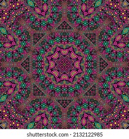 Decorative seamless pattern of simple geometry shapes structure. Ethnic apache motif. Canvas print. Small elements texture. Vector collage ornament.