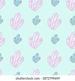 Decorative seamless pattern with simple outline crystal elements. Light turquoise background. Designed for fabric design, textile print, wrapping, cover. Vector illustration.