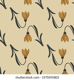 Decorative seamless pattern with simple style bell flower ornament. Beige background. Summer backdrop. Flat vector print for textile, fabric, giftwrap, wallpapers. Endless illustration.