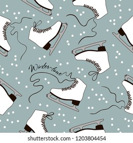 Decorative seamless pattern with skates. Winter seamless pattern. Stylish background for wrapping, wallpaper, fabric. Decorative ornament with ice skates.