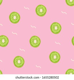 Decorativo patrón sin fisuras con frutas Kiwi en rodajas con fondo rosa. Vector Para impresión en embalajes, textiles, papel de embalaje y otros materiales.