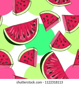Decorative seamless pattern with slices of watermelon. Ink hand drawn Vector illustration.