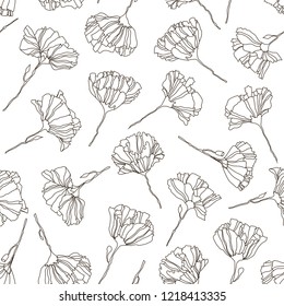 Decorative seamless pattern with small line flowers and stems. Black and white floral ornament drawn by a line with poppies. Maqui background for fabric, wrapping, decoration.