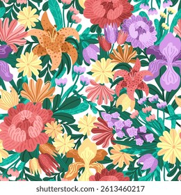 Decorative seamless pattern with spring garden flowers. Vector bunch with bright blossoms and leafy lush greens. Whimsical wildflower scene with textured petals. For spring-themed textile prints