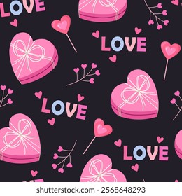 Decorative seamless pattern for St. Valentines day holiday with gift boxes, lollipops, lettering etc.