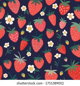 Decorative seamless pattern with strawberry flowers and fruits