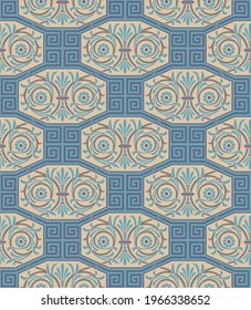decorative seamless pattern with stylised floral ornaments and meander ornaments inspired from ancient greece