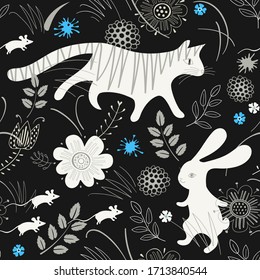 Decorative seamless pattern with stylized animals, flowers and leaves. Vector floral ornamental background for wallpaper, fabric, gift wrap, digital paper, fills, etc.