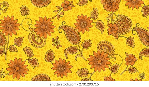 Padrão decorativo sem emenda com flores estilizadas de laranja e intrincados elementos paisley contra um fundo texturizado amarelo brilhante.