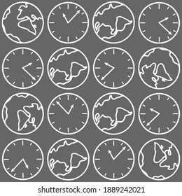 Decorative seamless pattern with stylized watches and planet in doodle cartoon style. White contours isolated on a dark gray background. Vector design for web, wallpaper, fabric, packaging paper.
