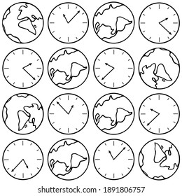 Patrón decorativo sin fisuras con relojes estilizados y Tierra en estilo de dibujos animados de doodle. Contornos negros aislados en un fondo blanco. Diseño de vectores para relleno de páginas web, papel de pared, tela, papel de embalaje.