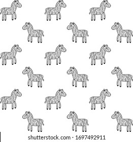 Decorative seamless pattern with stylized zebra. Children's cartoon funny zebras. Black contours isolated on a white background. Vector repeat patterns for web page fill, wallpaper, textile, fabric.
