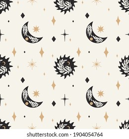 Decorative seamless pattern with sun and moon. Vector illustration.