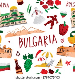 Patrón decorativo sin fisuras con símbolos, la arquitectura de Bulgaria aislada en blanco. Antecedentes con lugares de interés búlgaro para guías turísticos, turistas, souvenirs. Ilustración vectorial de dibujos animados planos.