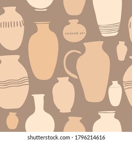 Decorative seamless pattern with terracotta vases of different shapes and sizes. Background with cut-out shapes of jugs, vessels for the ceramic store. Minimalistic natural print. Vector illustration.