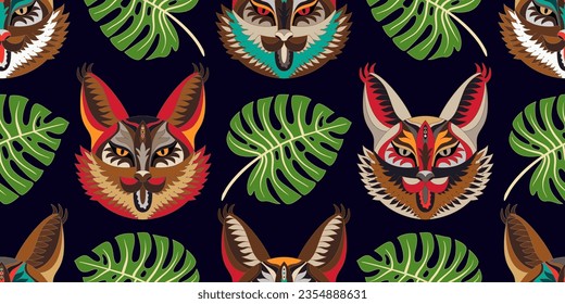 Decorative seamless pattern with tigers and palm leaves. Jungle color pattern. Stylized tiger, muzzle of a tiger. Seamless animal wallpaper. Jungle background. For cover, textile, fabric, paper, note