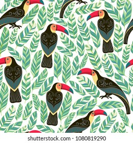 Decorative Seamless Pattern With Toucans and Tropical  Leaves.