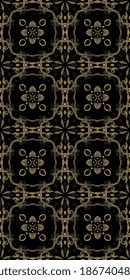 Decorative seamless pattern with tracery golden ornament on black background.