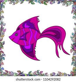 Decorative seamless pattern with tropical fish stylized texture of embroidery. Vector pattern for printing on fabric. White, magenta and purple.