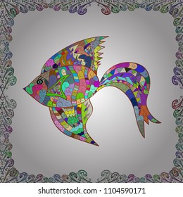 Decorative seamless pattern with tropical fish stylized texture of embroidery. Vector pattern for printing on fabric. White, blue and brown.