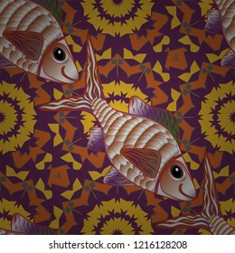 Decorative seamless pattern with tropical fish stylized texture for embroidery. Vector pattern for printing on fabric in orange, purple and yellow colors.