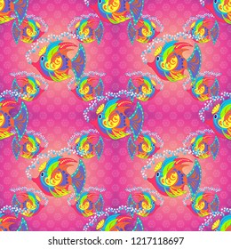 Decorative seamless pattern with tropical fish stylized texture for embroidery. Vector pattern for printing on fabric in violet, pink and beige colors.