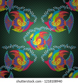 Decorative seamless pattern with tropical fish stylized texture for embroidery. Vector pattern for printing on fabric in blue, gray and green colors.