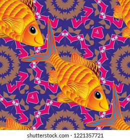 Decorative seamless pattern with tropical fish stylized texture for embroidery. Vector pattern for printing on fabric in brown, magenta and blue colors.