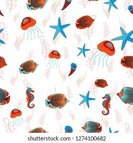 Decorative seamless pattern with tropical fish stylized texture for embroidery. Vector pattern for printing on fabric in orange, white and blue colors.