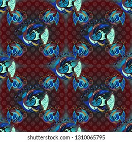 Decorative seamless pattern with tropical fish stylized texture for embroidery. Vector pattern for printing on fabric in gray, brown and blue colors.