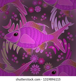 Decorative seamless pattern with tropical fish stylized texture for embroidery. Vector pattern for printing on fabric in violet, purple and pink colors.