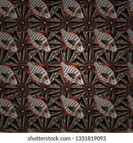 Decorative seamless pattern with tropical fish stylized texture for embroidery. Vector pattern for printing on fabric in black, gray and brown colors.